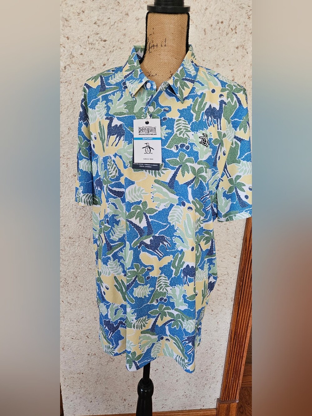 Original Penguin Tropical Print Polo in Blue, Yellow & Green. Brand New With Tag